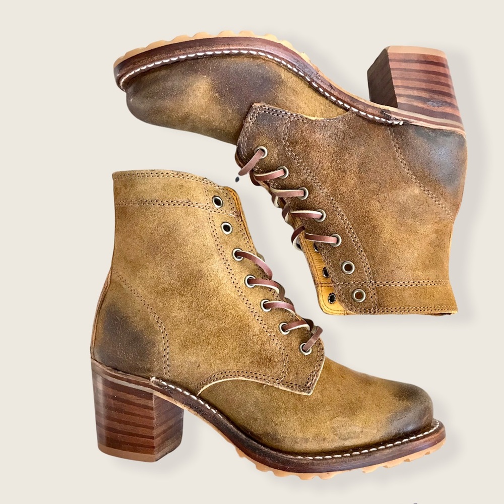 Frye Sabrina 6G Tan Suede/Leather Lace Up Wood Heeled Combat Moto Ankle Booties - Picture 11 of 16